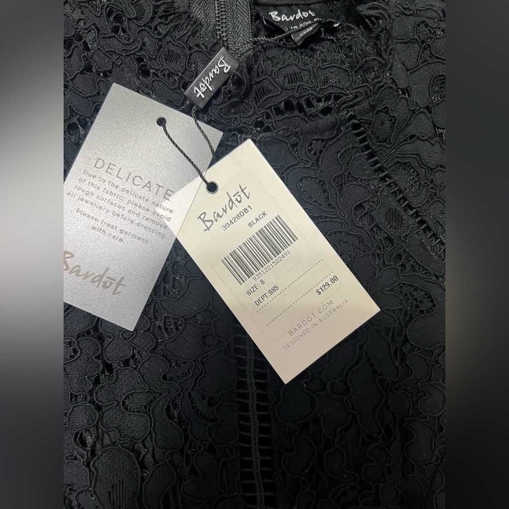 Bardot Black Lace Midi Elegant Cocktail Party NYE Holiday Wedding Guest Dress - Picture 7 of 7